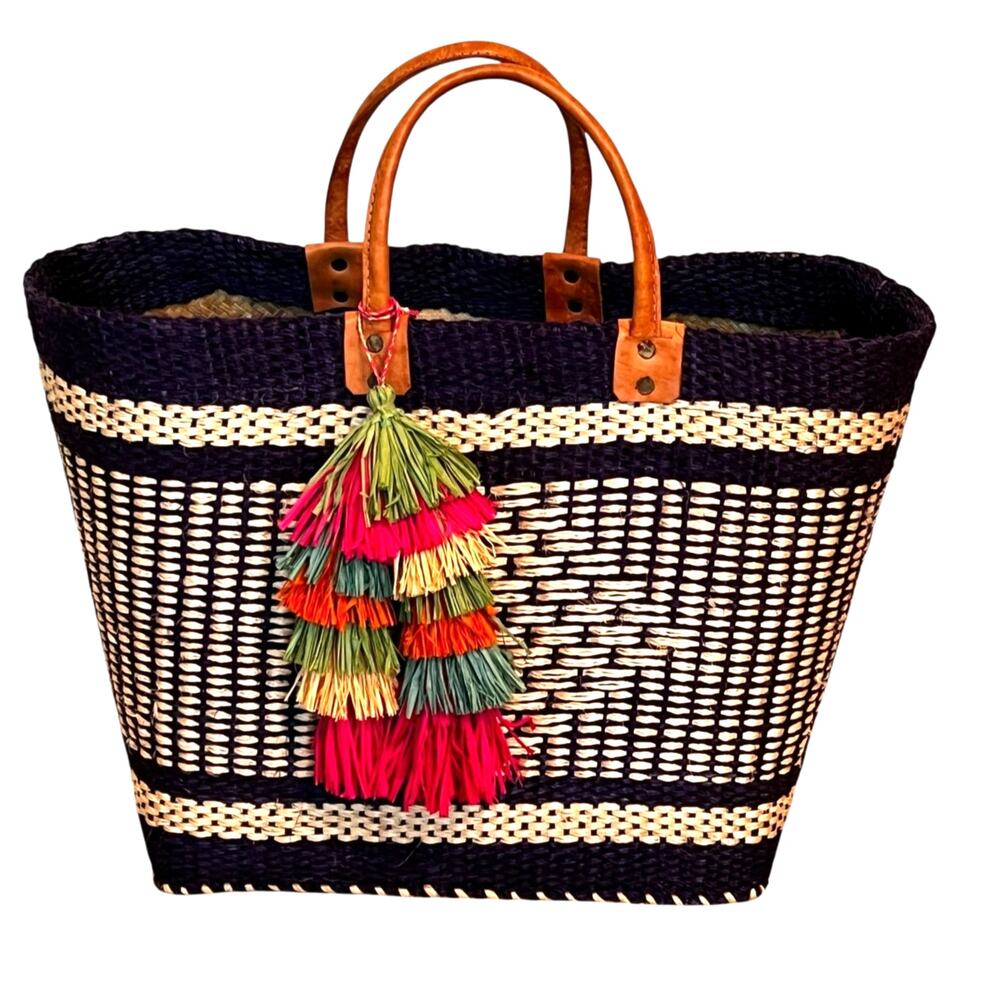 Mar Y Sol Ibiza Tassel Market Tote Beach Hand Woven Seagrass Leather Handles XL